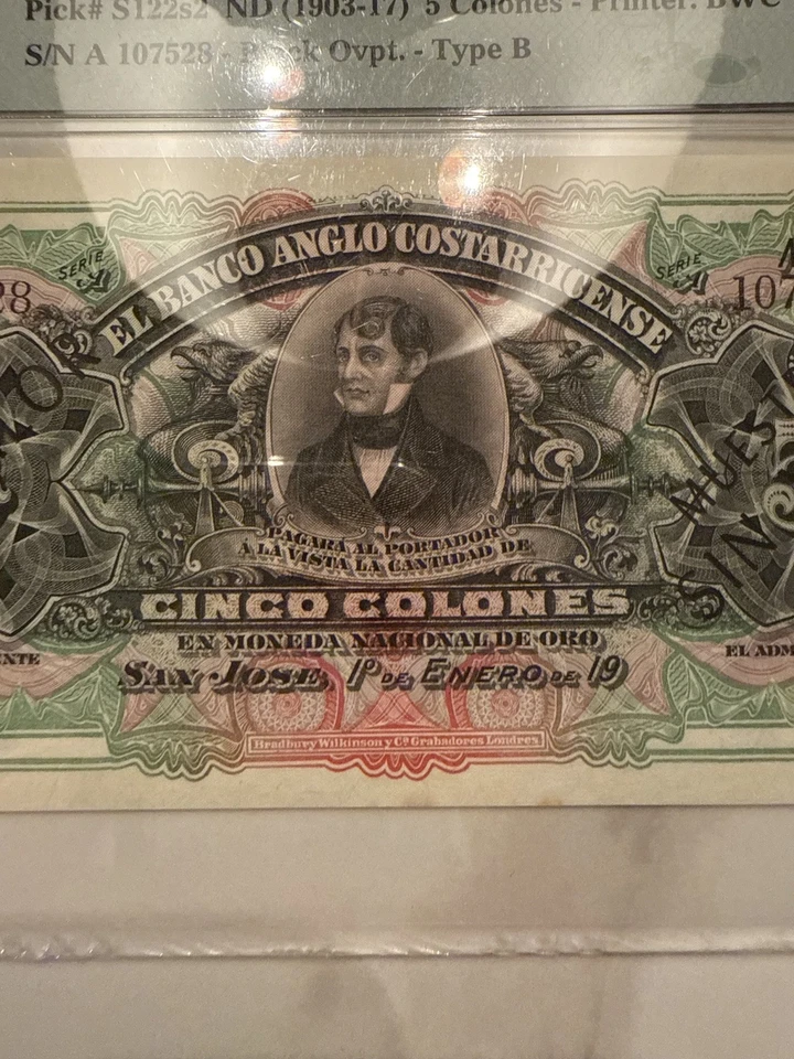 TOP POP Costa Rica 5 Colones ND 1903–17 Espécimen PMG 64 UNC BWC Londres ¡Vibrante!! Foto 4 de 4