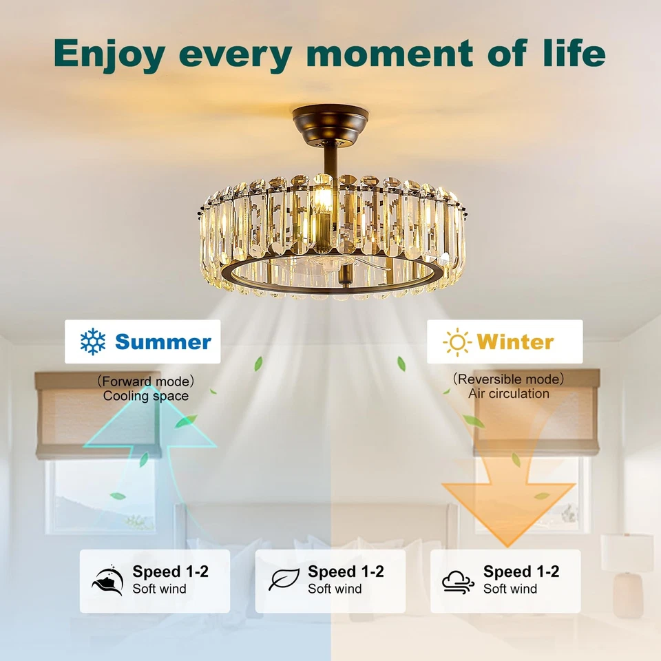 Ventilador de teto enjaulado preto 19,7 polegadas com luz, lustre de cristal redondo de luxo... - Imagem 4 de 4