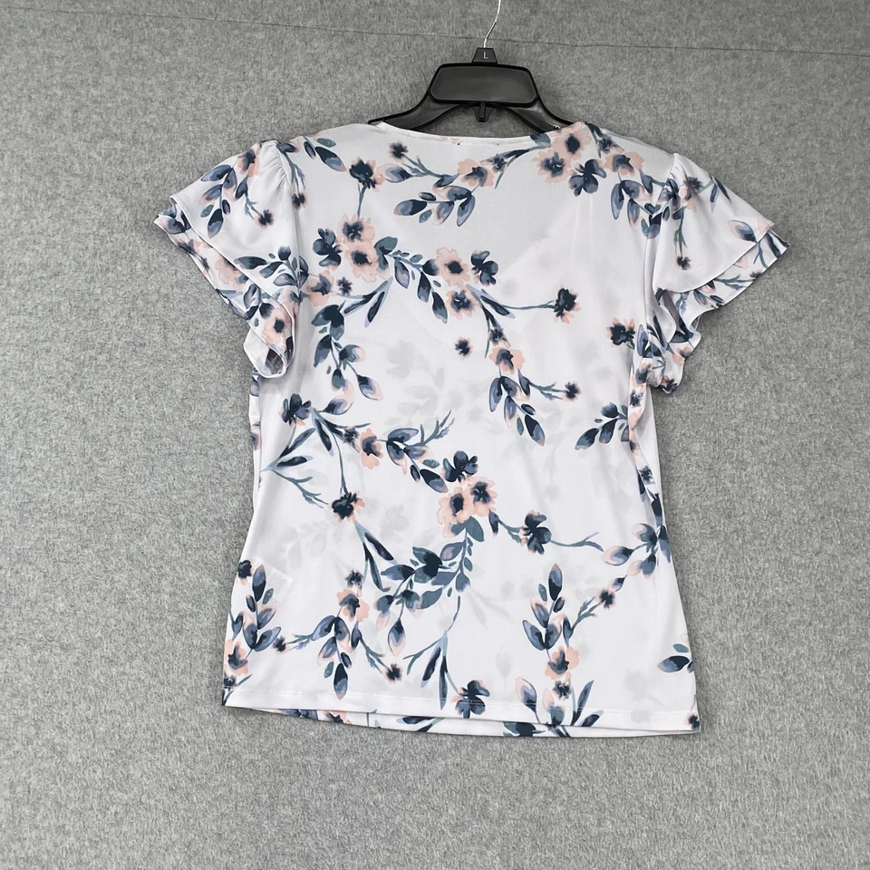 Blusa Tahari Top Mujer M Blanca Azul Floral Flutter Manga Corta Cuello en V Tejida Foto 4 de 4