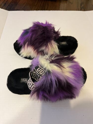 UGG Damen flauschige lila schwarze pelzige Wolle Sandalen Hausschuhe Fersenriemen Größe 7 - Bild 3 von 4
