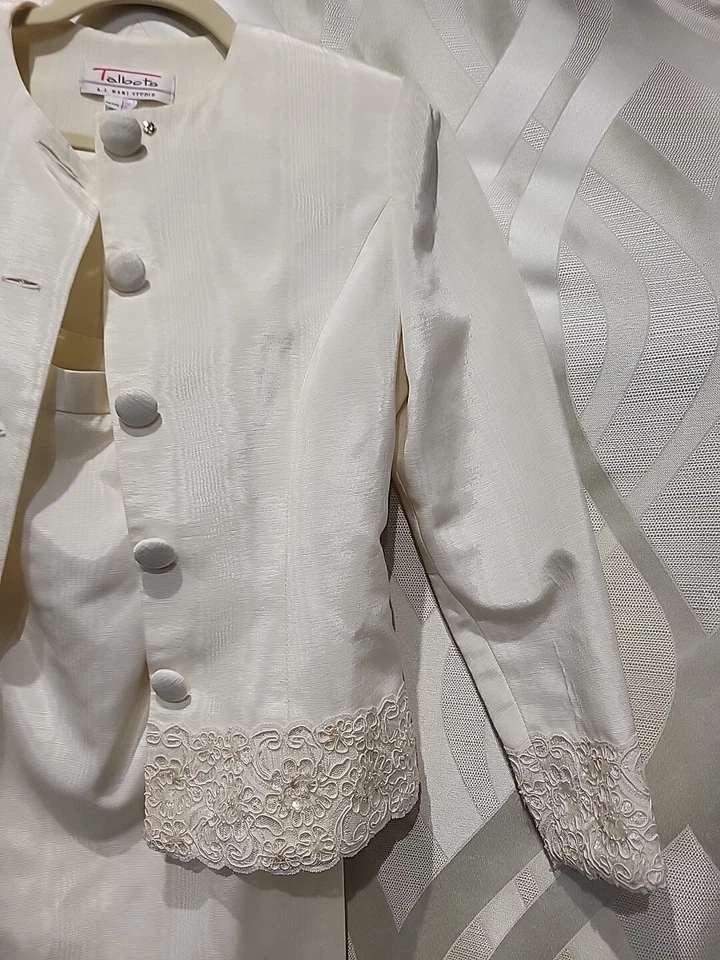 Traje Falda Talbots AJ Bari XS Vintage Años 80 Crema Moire Bordado Lentejuelas Bordado Foto 3 de 4