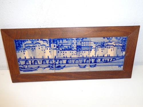 Vintage Delft Style Holland Hand Painted Blue Framed Tile Wall Plaque Boats