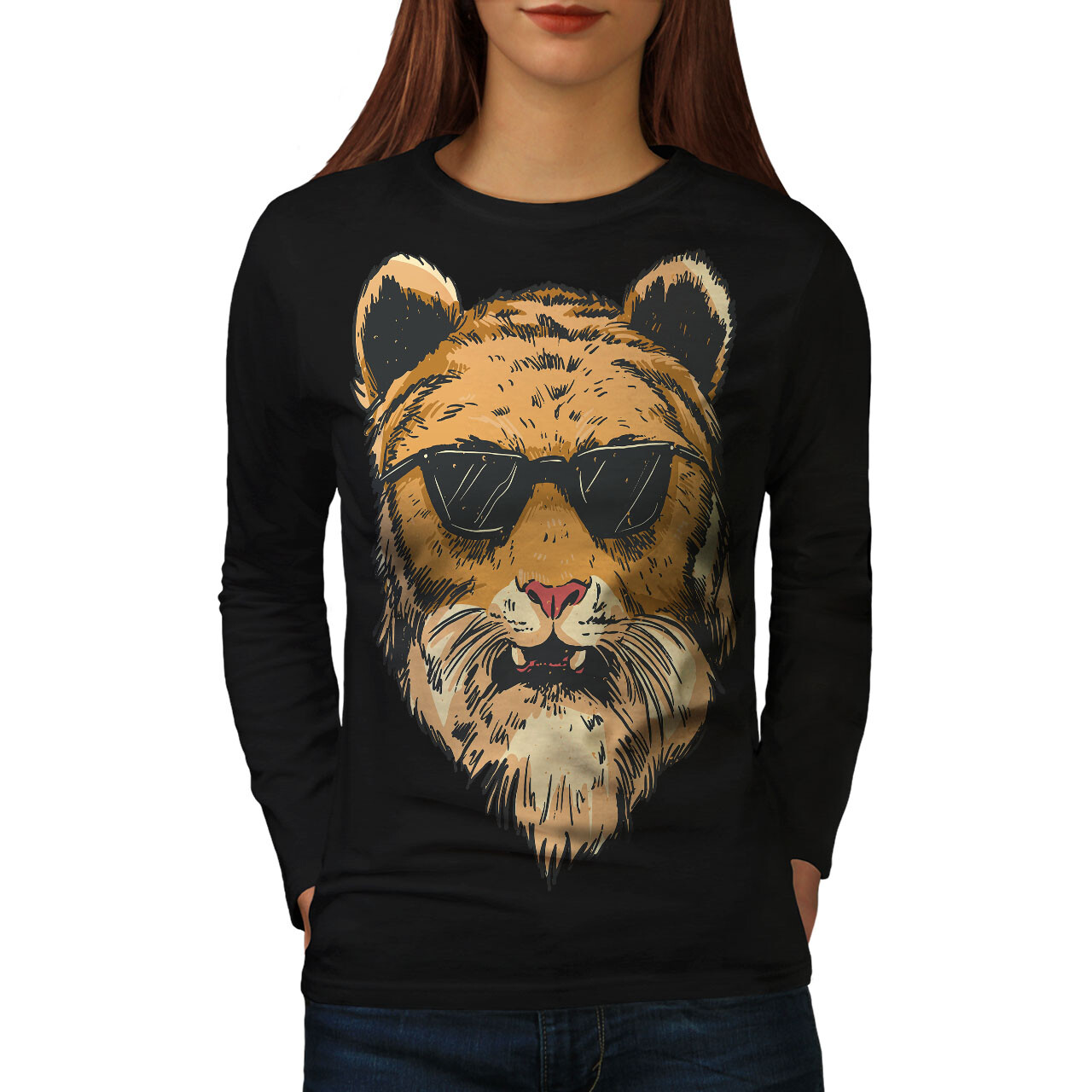 Wellcoda Cool Lion With Sunglasses Stylish Animal Womens Long Sleeve T-shirt