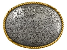 WESTERN COWBOY COWGIRL OVAL ROPE GOLD AND SILVER PLAYED TROPHY BELT BUCKLE