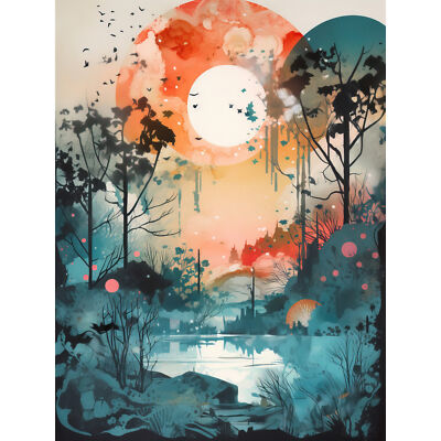 Waldlandschaft am See friedlicher Sonnenaufgang Morgen XL Wandbild Leinwand Poster
