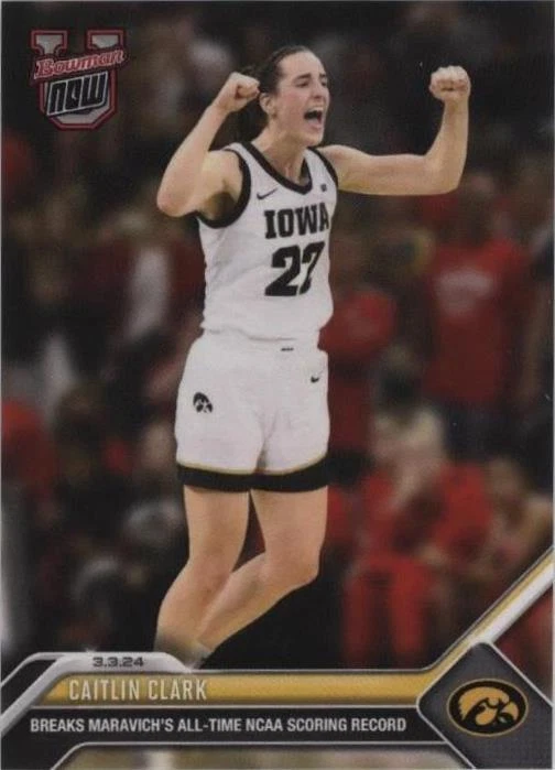Caitlin Clark 2023-24 Bowman U NOW card 61 breaking Pete Maravich's NCAA scoring record