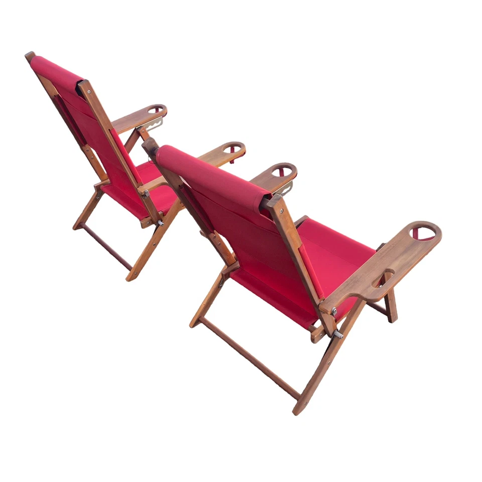 Lote de 2 sillas reclinables vintage de playa con marco de madera y lona rojas Foto 3 de 4