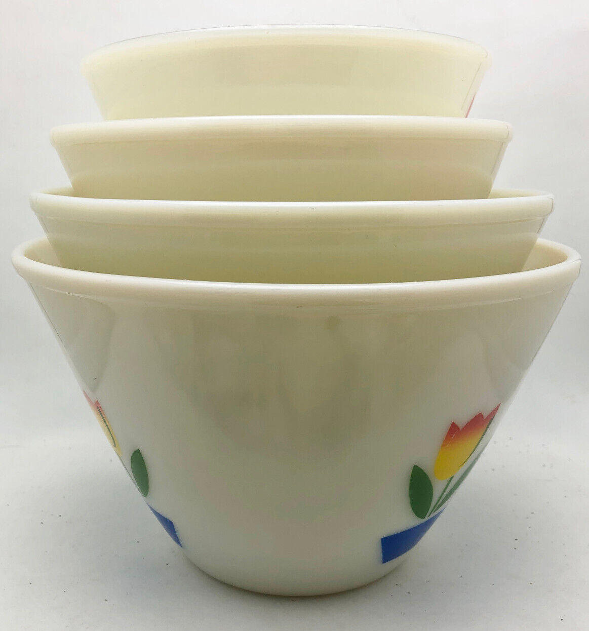 Fire King Tulip Mixing Bowl Set 4 Nesting IVORY Milk Glass Red Yellow