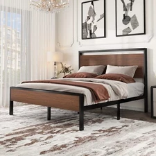 Platform Bed Frame with Rustic Headboard and Strong Metal Slat Support
