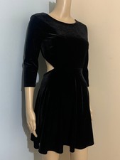 LULUS Sz S Black  Stretch Velvet BACKLESS DRESS 3/4 Sleeves Flared Skirt Lined