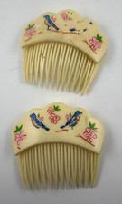 Antique Celluloid Hand Painted Birds Flowers Ladies Hair Ornament Combs 2.5" W L