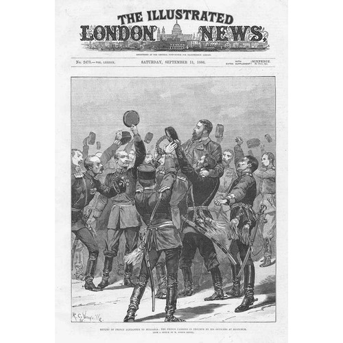 BULGARIA Prince Alexander Carried by Officers at Rustchuk - Antique Print 1886