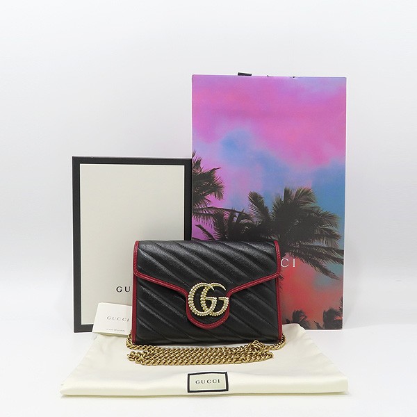 Gucci Marmont Mini Chain Crossbody Bag Red Leather Gold GG Logo