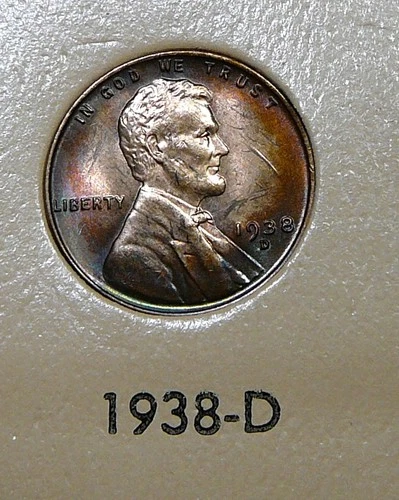 1938-D  Lincoln Cent - Vividly Toned Unc / Uncirculated (AO1)