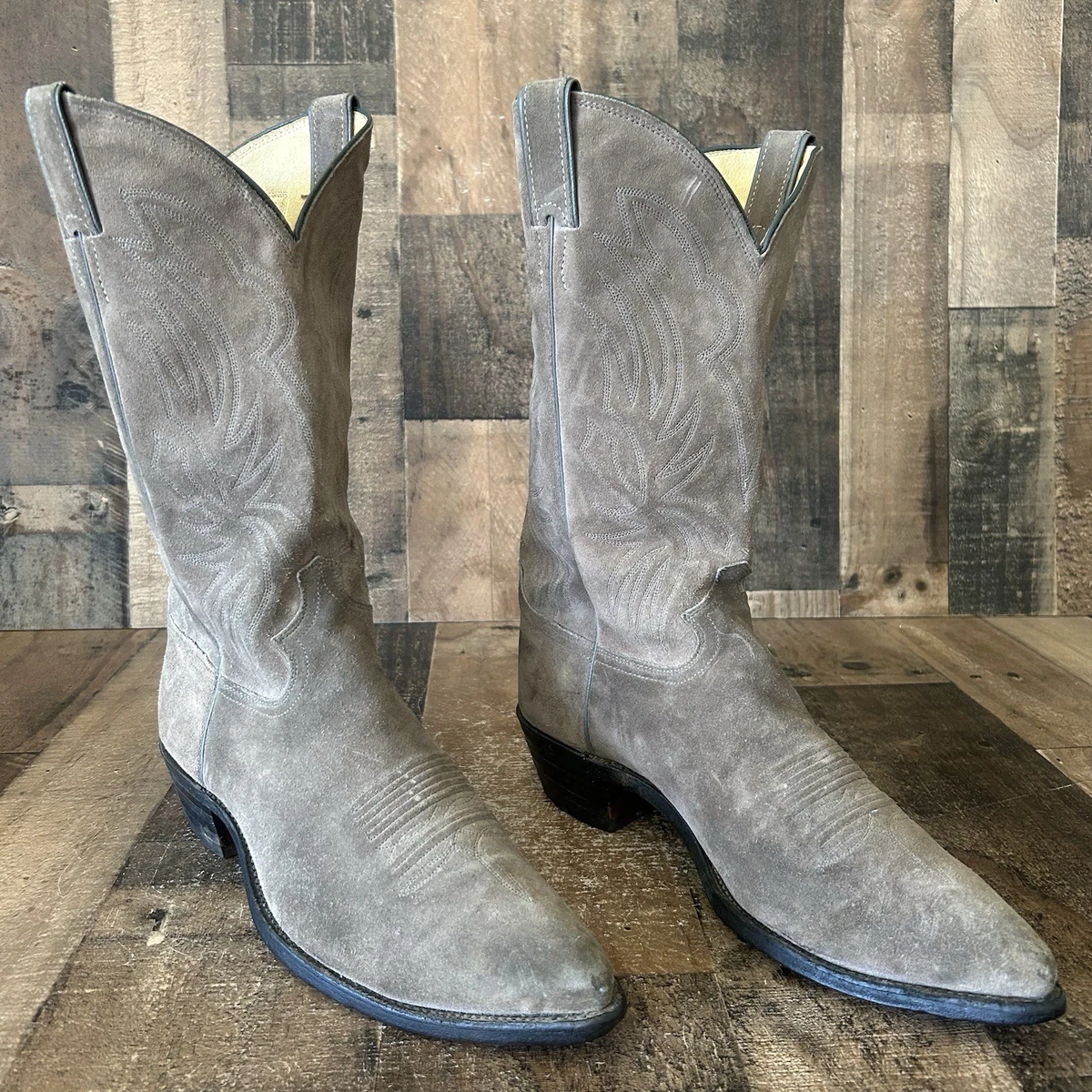 Justin Ostrich Cowboy Boots Mens Sz 7 Wide 7W Gray Leather Blue Stitch Round Toe Justin Boots with Upper Leather Gray Boots for Men for sale  main image 2