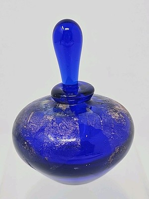 Hand Blown Perfume Bottle with Dabber Cobalt Blue and Gold Leaf Signed EUC
