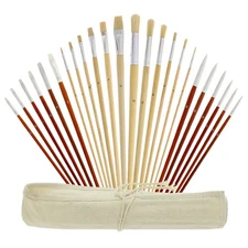 US Art Supply 24pc Oil & Acrylic Paint Long Handle Brush Set FREE Canvas Roll-Up