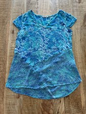 Soft Surroundings Women's Blue Floral Short Sleeve Mixed Print Top V Neck Small