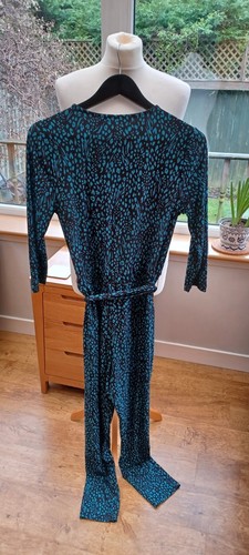 Sosandar Black Teal Leopard Print Jumpsuit 10 Green Blue Animal Silky - Picture 7 of 12