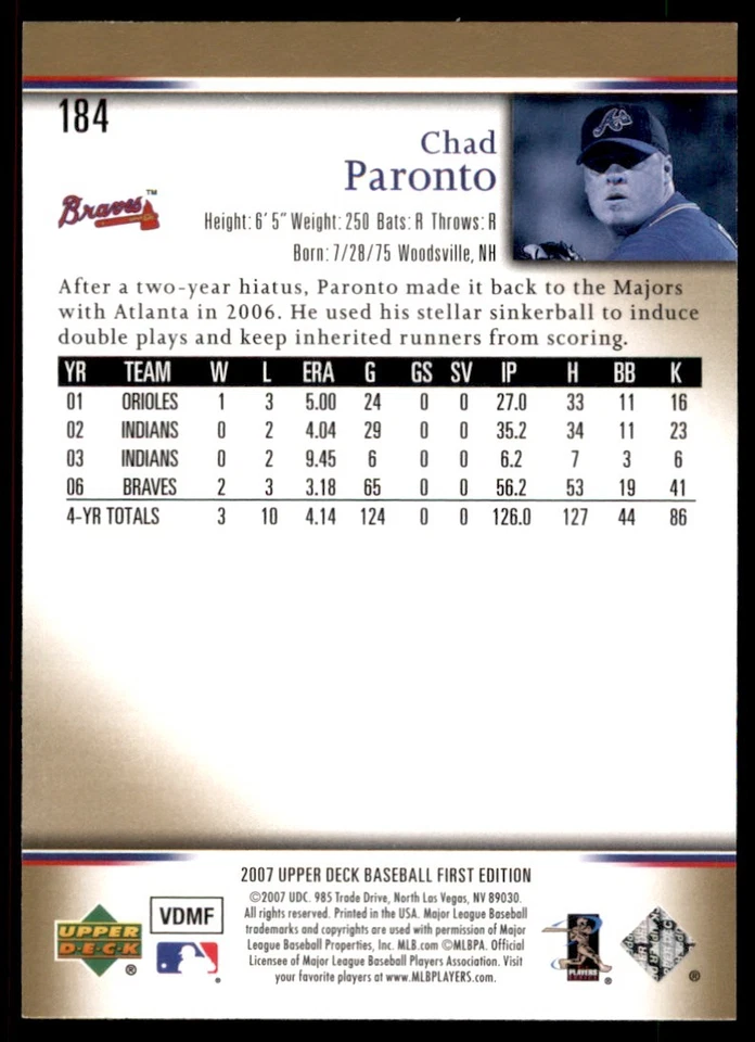 2007 Upper Deck First Edition Chad Paronto Atlanta Braves #184 - Image 2 of 2