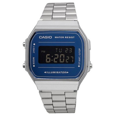 Casio Standard Digital Watch Silver Band Dark Blue Face A168WEM-2B - NO BOX