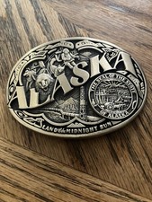 WL13123 VINTAGE 1970s ALASKA STATE COMMEMORATIVE SOLID BRASS MENS BELT BUCKLE