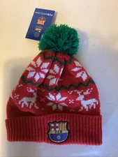 NWT FC Barcelona FCB Winter Beanie Nordic Hat Pom Red White Green K1E21 OSFM