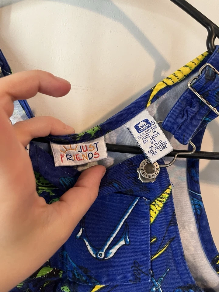 Just Friends vintage blue green fish overalls 100% cotton toddler boys Shorts 3T - Image 3 of 4