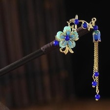 Blue Wooden Hair Stick with Tassel and Floral Motif,Asian Traditional Vintage