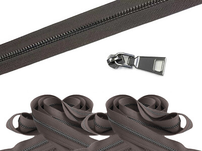 Continuous Zipper Chain by Feet, Unfinished Zipper - Metal #5 Black, Brown Tape