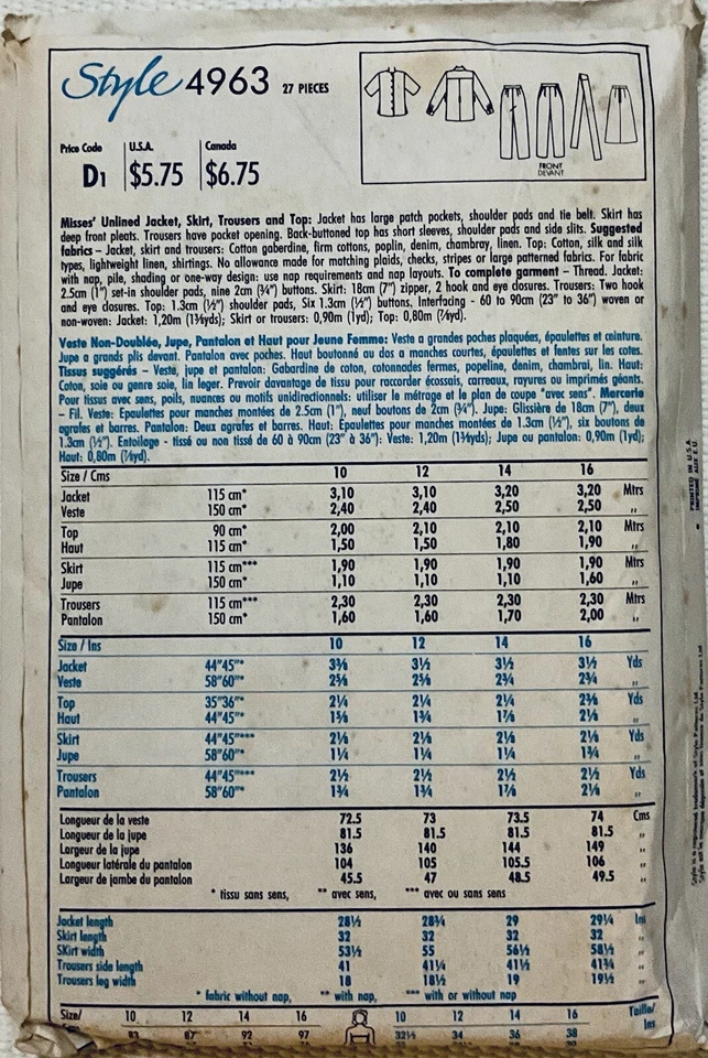 Style 4963 ©1986 Misses Unlined Jacket, Skirt, Trousers, Top Women's Sz 12-14-16 - Image 2 of 4