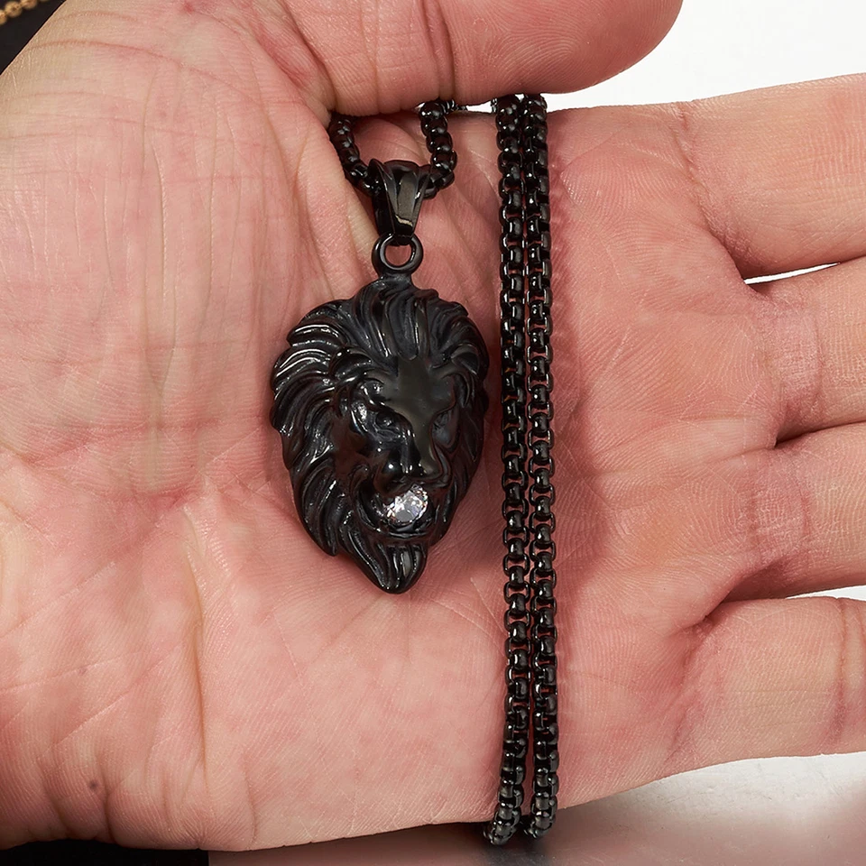 Collar colgante cabeza de león de acero inoxidable negro para hombre cadena Rolo con piedra blanca Foto 4 de 4