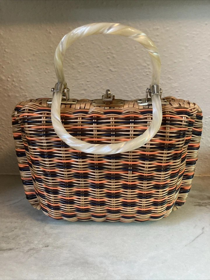 Princess Charming By Atlas 编织涂层柳条钱包 Lucite Handles 棕色 橙色 — 第 2/4 张图片