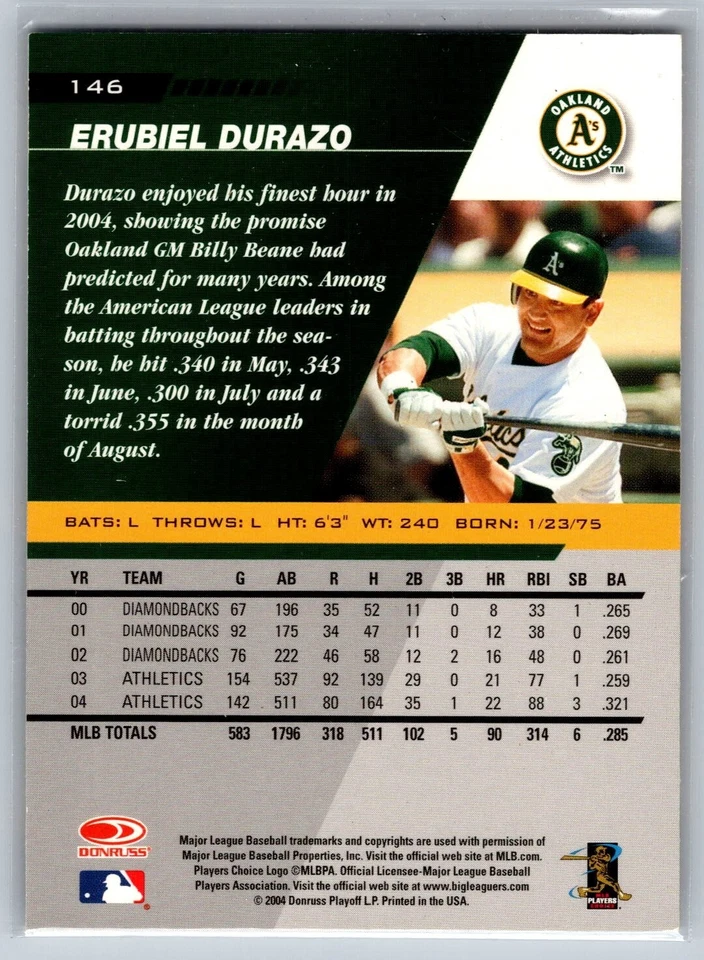 2005 Leaf - #146 Erubiel Durazo Oakland Athletics MLB Baseball Card - Image 2 of 2