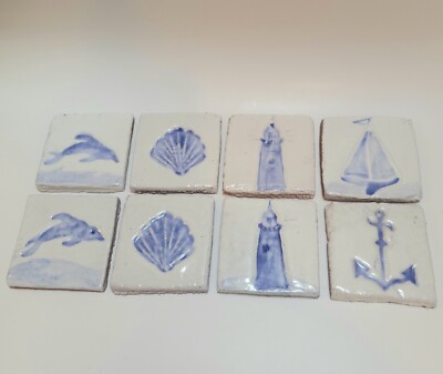 Ocean Nautical Tiles Blue White Set Of 8 Handcrafted