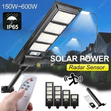 LED Solar Street Light Sensor Dusk-to-Dawn Outdoor Lamp Waterproof Pole+Remote