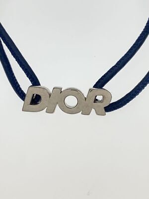 Christian Dior bracelet logo plate leather silver navy Christian Dior bracelet logo plate leather silver navy