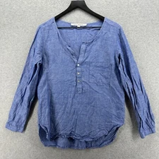 Max Studio Blouse Womens Size Medium Blue Long Sleeve Henley Linen Blend