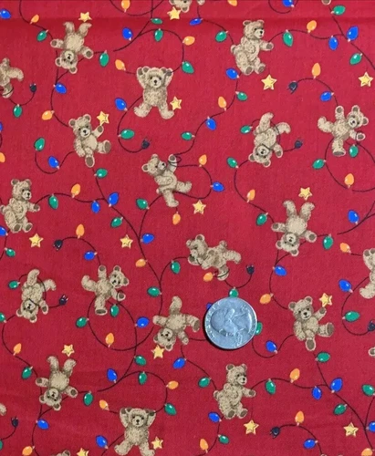 Vintage Cranston Fabric Teddy Bear Christmas Lights Red 188x44” 5+ Yards Cotton