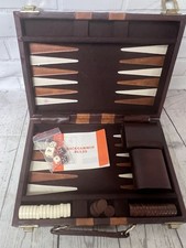 Vintage Backgammon Set Leather Case Brown Tan Complete Travel Game