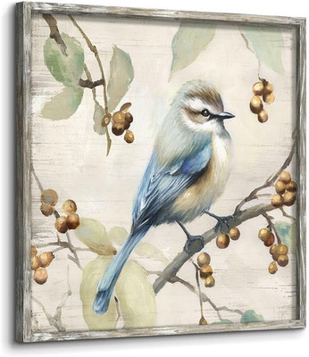 Vintage Blue Bird Wall Art - Elegant Floral Wooden Frame for Bedroom Decor