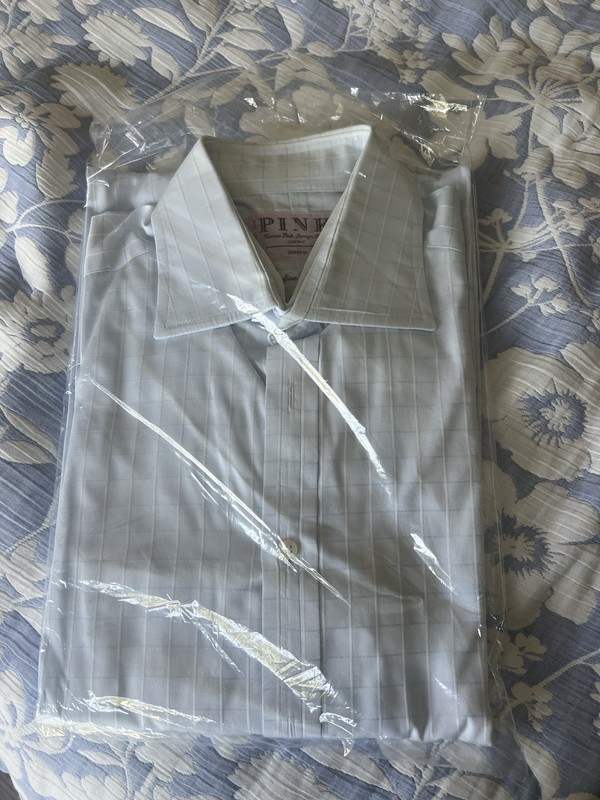 Thomas Pink Men's White Blue Check Dress Shirt Long Sleeve Button Front 15/38