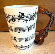 Novelty Music Themed Ceramic Coffee Mug w Violin Handle & Musical Notes 5" Tall