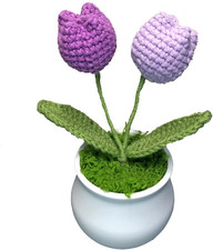 Crochet Tulip Flowers Purple, Potted Mini Desk Decor for Women