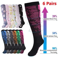 (6 Pairs) Compression Socks Knee High 15-20mmHg Graduated Support Men's Women's