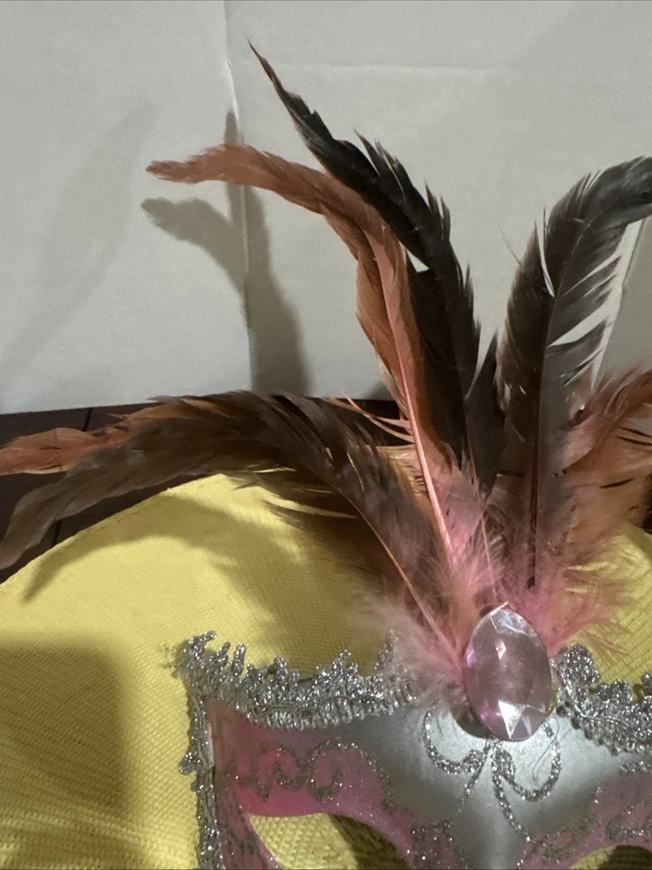 Carnival/Festival Venetian Style Feather String Tie Masquerade Mask Gold /Teal - Image 3 of 4