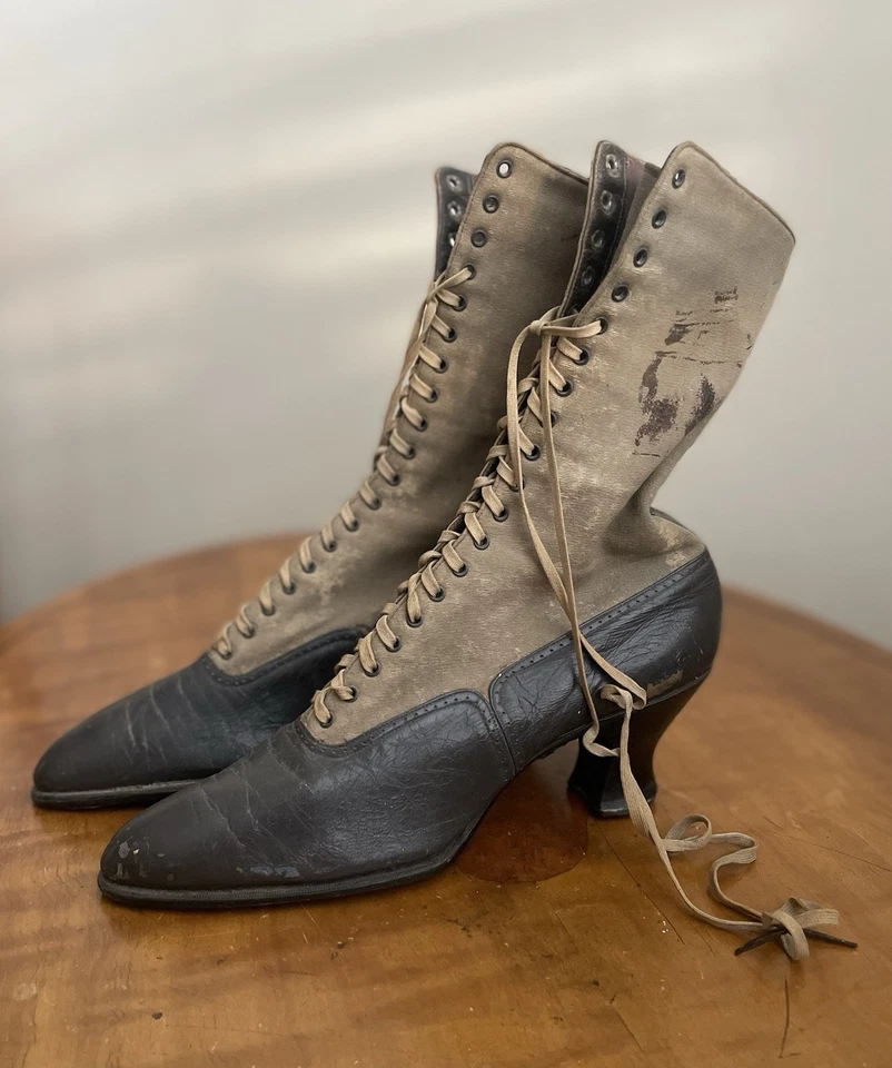 Victoriano Eduardiano Sorosis Mujer Medio Pantorrilla Botas con Cordones Zapatos Cuero y Lona Foto 2 de 4