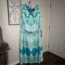 Adrianna Papell Women's 16W Dress Pleated Sleeveless Green Teal White