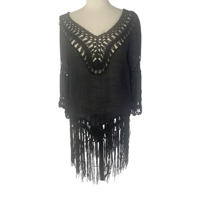 Black Boho Fringe Cutout Tunic Top One Size Beach Coverup Witchy Goth Grunge