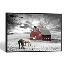 Farmhouse Barn Canvas Wall Art: Large Framed Black White Farm Landscape Pictu...